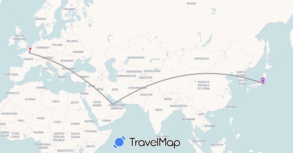 TravelMap itinerary: driving, plane, train, hiking in France, Japan, Qatar (Asia, Europe)
